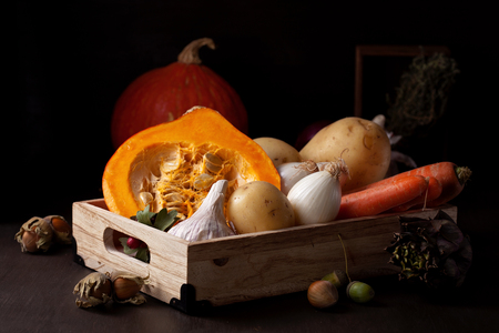 Autumn vegetables. Seasonal organic food and autumn harvest conceptの写真素材