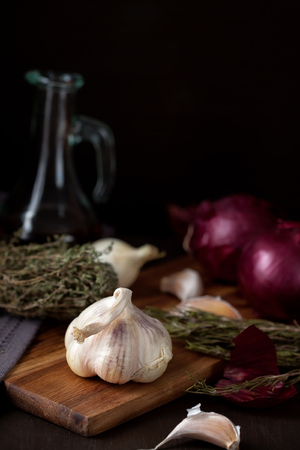 Onion and garlic. Seasonal, organic and healthy food concept. Traditional culinaryの写真素材