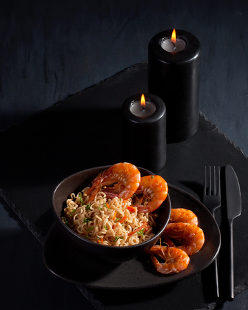 Freshly cooked instant noodles. Asian cuisineの写真素材