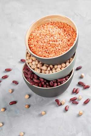 Various superfoods chickpeas, beans and lantils. Vegan, vegetarian healthy eating diet organic products conceptの写真素材