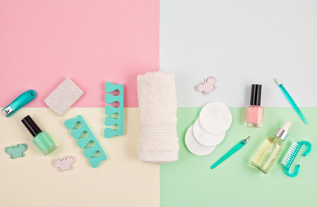 Mockup of beauty cosmetic products for manicure, pedicure, feet and hands care, flat lay, top view. Woman beauty fashion image for sales, shopping, fashion and beauty blogsの写真素材