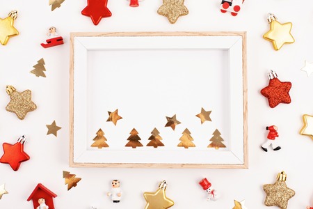 Flat lay with bright christmas decoration. New year celebration and christmas concept