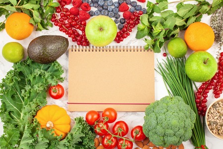 Variety of colorful fruits and vegetables. Healthy eating, diet planning, weight loss, detox, organic farming conceptの写真素材