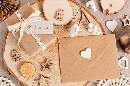 Wrapping gifts and creating eco friendly christmas cards and ornaments in neutral colors. No...