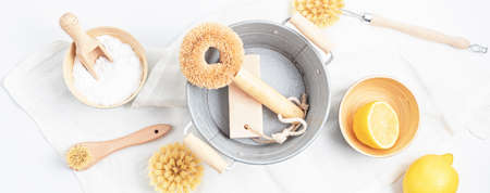 Home cleaning non toxic, natural products. Plastic free, zero waste lifestyle. Flat lay, top viewの写真素材