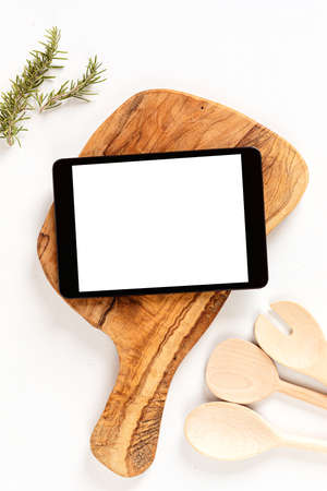 Tablet and kitchenware mock up. Online recipe application, cooking classes template. Top view, copy spaceの写真素材