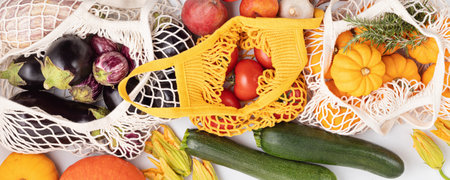 Varieties of organic vegetables and fruits. Farmers crop, Buy local concept. Sustainable, plastic free, zero waste lifestyle. Top view, flat layの写真素材