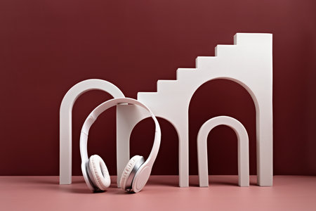 Studio with geometric objects, arch and white earphones. Exhibition Podium, stand, showcase on red pink background. Architectural background for advertising productsの写真素材