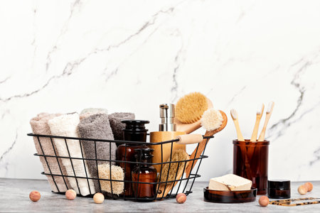 Bamboo and glass accessories for bath - jars, soap bar, brushes for personal hygiene. Zero waste,...