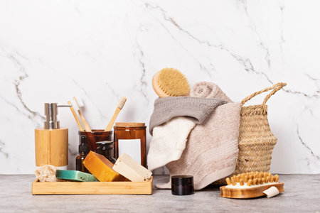Bamboo and glass accessories for bath - jars, soap bar, brushes for personal hygiene. Zero waste,...