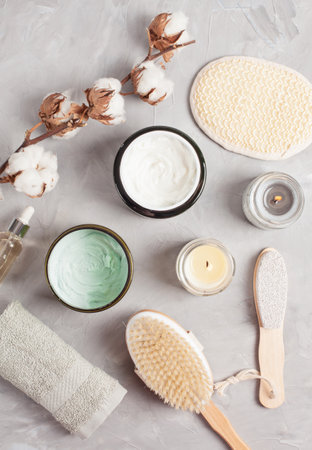 Various spa related objects on gray background, top viewの写真素材