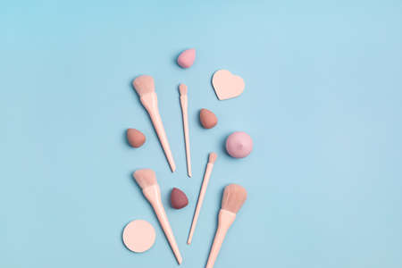 Set of pink make up brushes and beauty cosmetic productsの写真素材