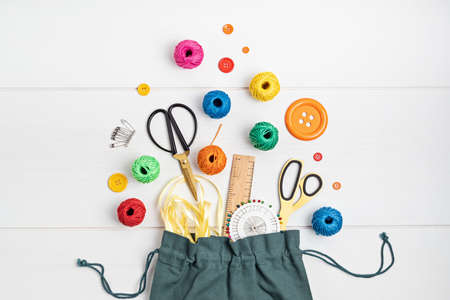 Diy, hobby, handwork concept. Tools and accessories for crafting and leisureの写真素材