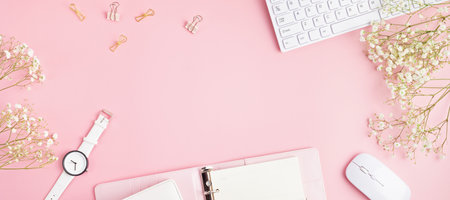 Home office desktop banner. Workspace with office stationary. Website banner, blog headeの写真素材