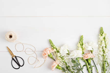 Floral decoration master class, creative workshop, bridal bouquet. Bouquet making in florist shopの写真素材