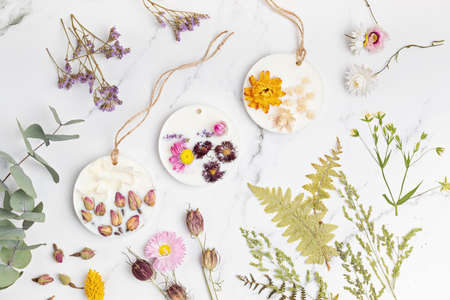DIY scented soy wax sachet with botanicals and essencial oils. Natural handmade air freshenerの写真素材