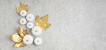Collection of white handmade plaster pumpkins. Autumn seasonal holidays backgroundの写真素材