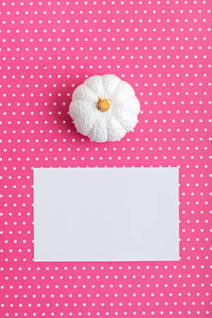 Flat lay with handmade painted gypsum pumpkins and copy space. Autumn holidays card mockupの写真素材