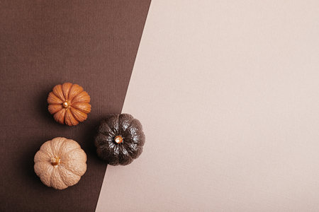 Flat lay with handmade painted gypsum pumpkins and copy space. Autumn holidays card mockupの写真素材