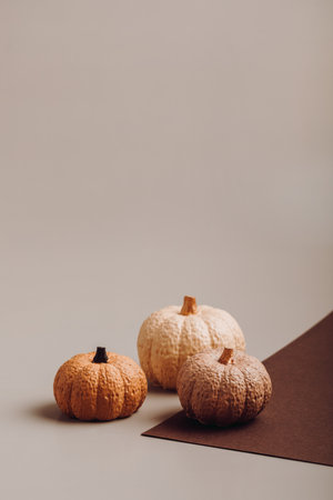Flat lay with handmade painted gypsum pumpkins and copy space. Autumn holidays card mockupの写真素材