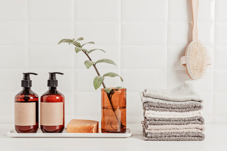 Bathroom styling and organization. Organic lifestyle and skin care productsの写真素材