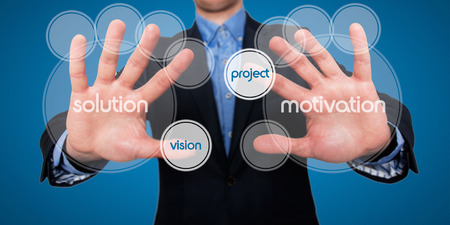 Touch screen. hands pressing. Solution, Motivation, Project signs. Blue backgroundの写真素材