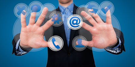 Businessman pushing buttons. Phone and Email - Contact concept. - Stock imagesの写真素材