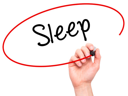 Man Hand writing Sleep with black marker on visual screen. Isolated on white. Business, technology, internet concept. Stock Photoの写真素材