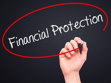 Man Hand writing Financial Protection with black marker on visual screen. Isolated on black. Business, technology, internet concept. Stock Photoの写真素材