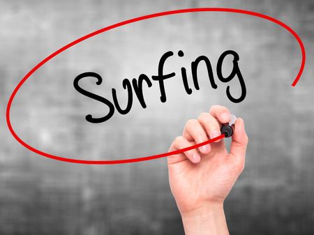 Man Hand writing Surfing  with black marker on visual screen. Isolated on grey. Business, technology, internet concept. Stock Photoの写真素材
