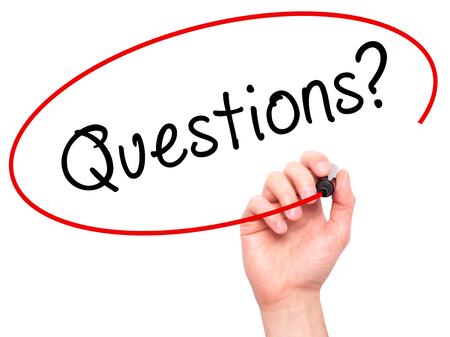 Man Hand writing Questions? with black marker on visual screen. Isolated on white. Business, technology, internet concept. Stock Imageの写真素材