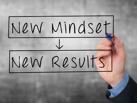 Businessman Hand writing New Mindset New Results with marker on transparent wipe board. Isolated on grey. Stock Imageの写真素材