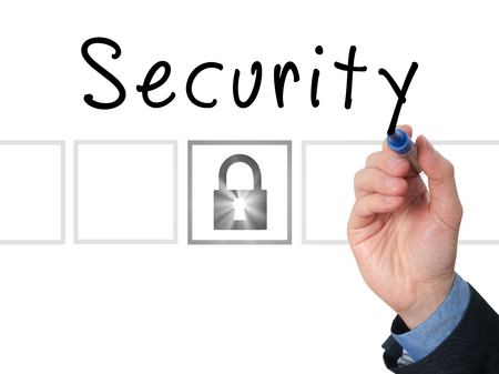 Businessman hand writing Security on transparent board. Padlock icon. Security concept. Isolated on white. Stock Imageの写真素材