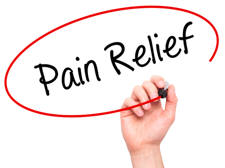 Man Hand writing Pain Relief with black marker on visual screen. Isolated on white. Business, technology, internet concept. Stock Photoの写真素材