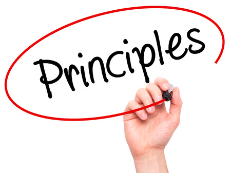 Man Hand writing Principles with black marker on visual screen. Isolated on white. Business, technology, internet concept. Stock Photoの写真素材