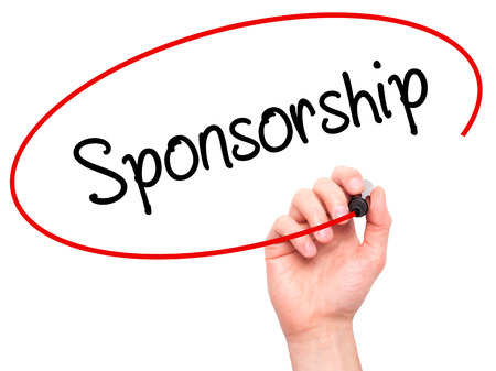 Man Hand writing Sponsorship  with black marker on visual screen. Isolated on white. Business, technology, internet concept.の写真素材