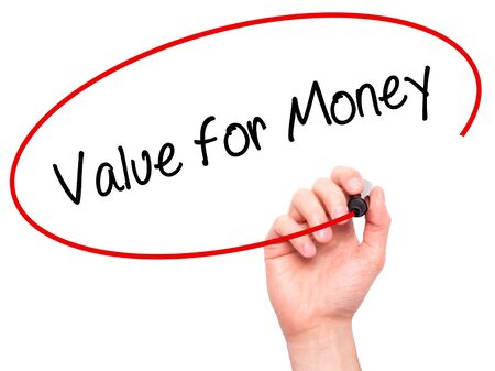 Man Hand writing Value for Money with black marker on visual screen. Isolated on white. Business, technology, internet concept. Stock Photoの写真素材