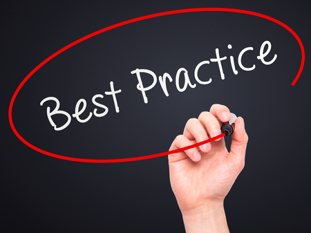Man Hand writing Best Practice with marker on transparent wipe board ...