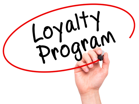 Man Hand writing Loyalty Program with black marker on visual screen. Isolated on white. Business, technology, internet concept. Stock Imageの写真素材