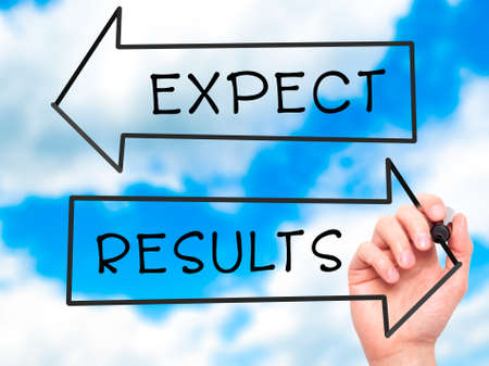 Man Hand writing Expect and Results with marker on transparent wipe board. Isolated on sky....