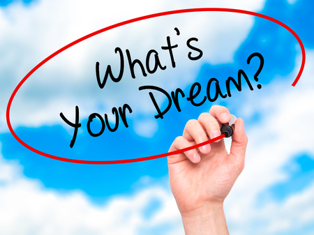 Man Hand writing What's Your Dream? with black marker on visual screen. Isolated on background. Business, technology, internet concept. Stock Photoの写真素材