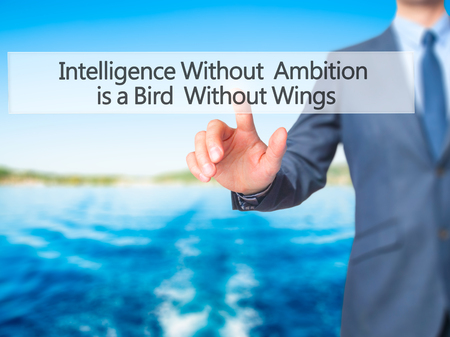 Intelligence Without  Ambition is a Bird  Without Wings - Businessman hand pressing button on touch screen interface. Business, technology, internet concept. Stock Photoの写真素材