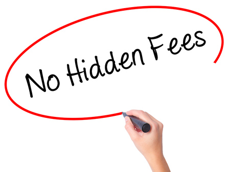 Women Hand writing No Hidden Fees with black marker on visual screen. Isolated on white. Business, technology, internet concept. Stock Photoの写真素材
