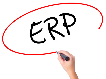 Women Hand writing  ERP (Enterprise Resource Planning)   with black marker on visual screen. Isolated on white. Business, technology, internet concept. Stock Photoの写真素材