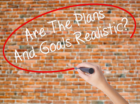 Woman Hand Writing Are The Plans And Goals Realistic? with black marker on visual screen. Isolated on bricks. Business concept. Stock Photoの写真素材