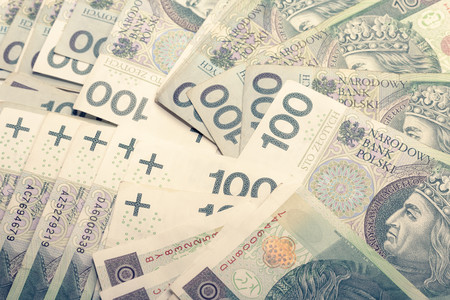 Polish Zloty Trading Business Theme. Polish Zloty Closeup. One Hundred Zloty Bills. Polish Currency. Poland Europe.の写真素材