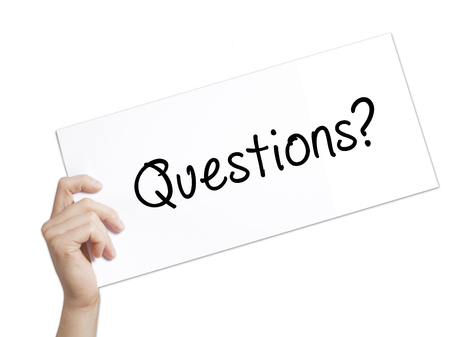 Paper with text Questions? . Man Hand Holding Sign on white paper. Isolated on white background.  Business concept. Stock Photoの写真素材