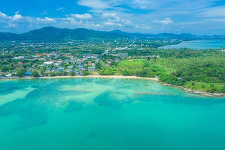 Aerial view drone shot of long tail boat at rawai beach,phuket Thailandの写真素材
