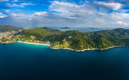 aerial view sunset above Nai Harn beach. Nai Harn beach is a famouse landmark and popular sunset viewpoint of Phuket Thailandの写真素材