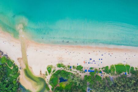 Aerial view of beautiful tropical beach and sea with palm and other tree in Phuket island for travel...